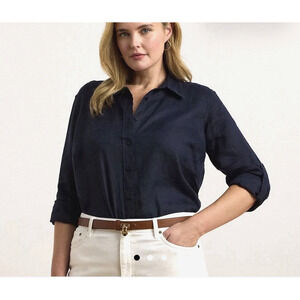 Lauren Ralph Lauren Relaxed Navy Blue Linen Roll-Tab Sleeve Button-Up Shirt 2X